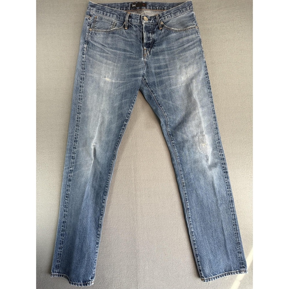 3x1 M4 Jeans Mens 33x29‎ Blue Medium Wash Slim Straight Distressed Button Fly
